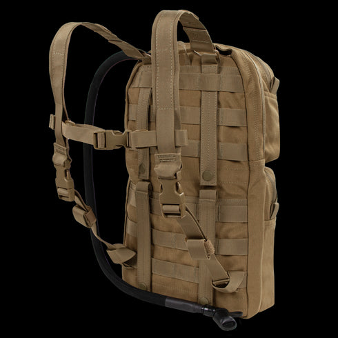 The Condor Hydration Carrier 2 is a tan tactical backpack with multiple straps, MOLLE webbing, and a side-attached hydration tube.